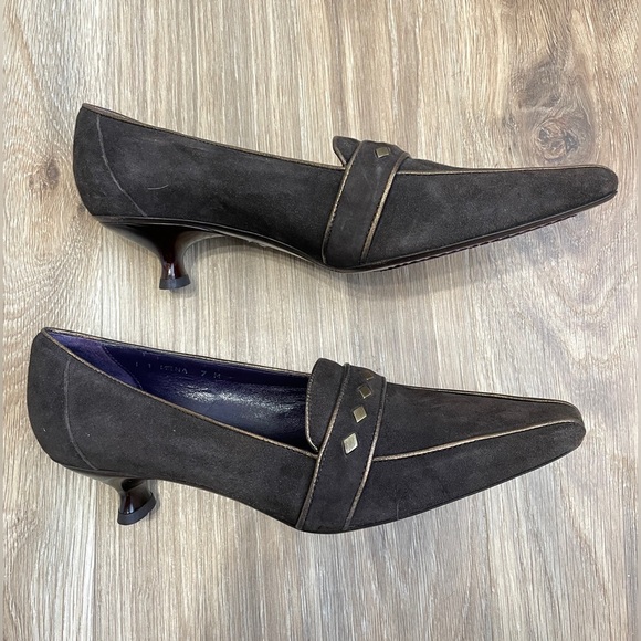 Donald J Pliner Couture Mena 7 M Brown Leather Lo heel Gold Diamond Accent - Picture 3 of 5